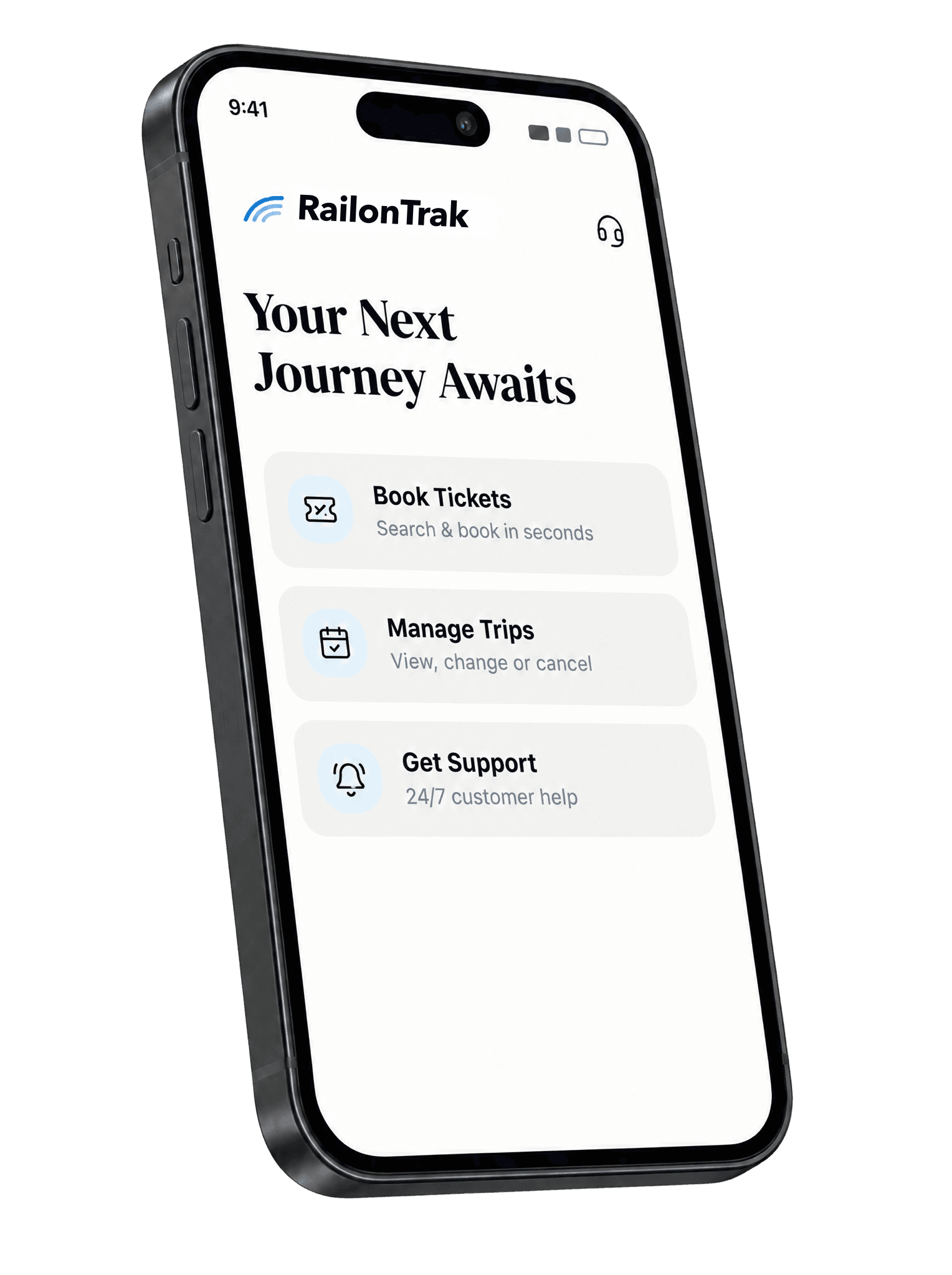 RailOnTrak on a phone, with shortcuts to book tickets, manage trips and get support