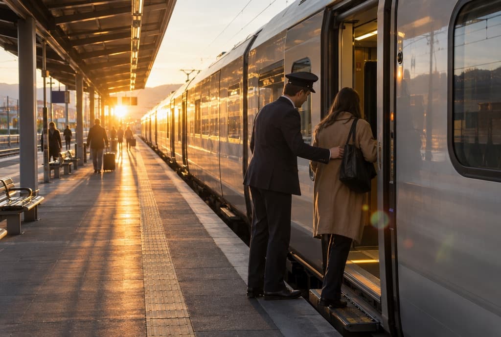 A station attendant helping a passenger board a train at golden hour